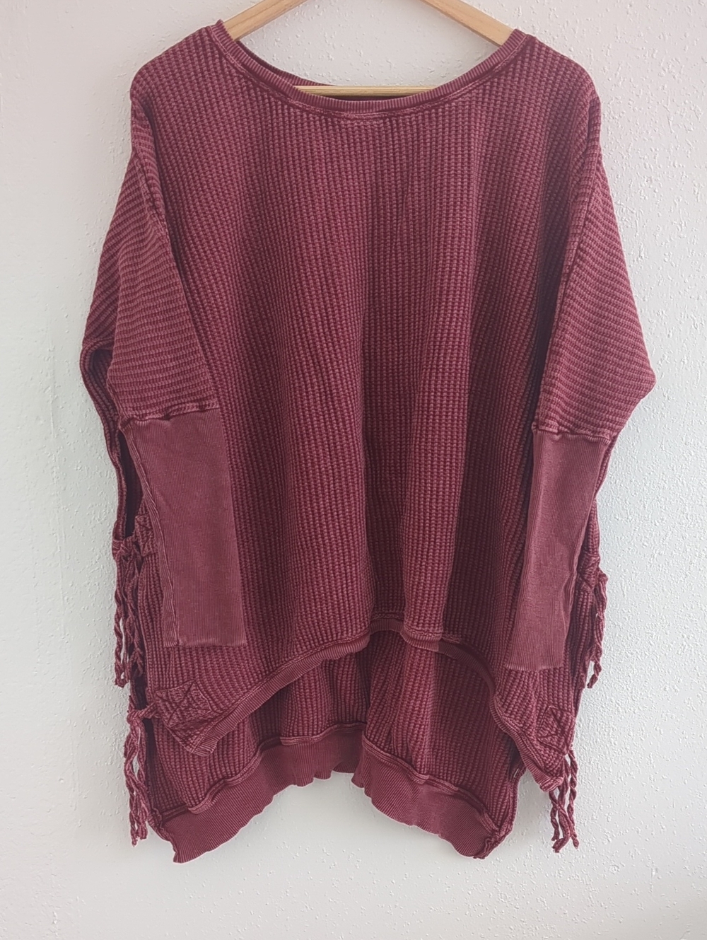 FP One Interlake Tunic Cozy Waffle-Knit Tie Sweater - Burgundy